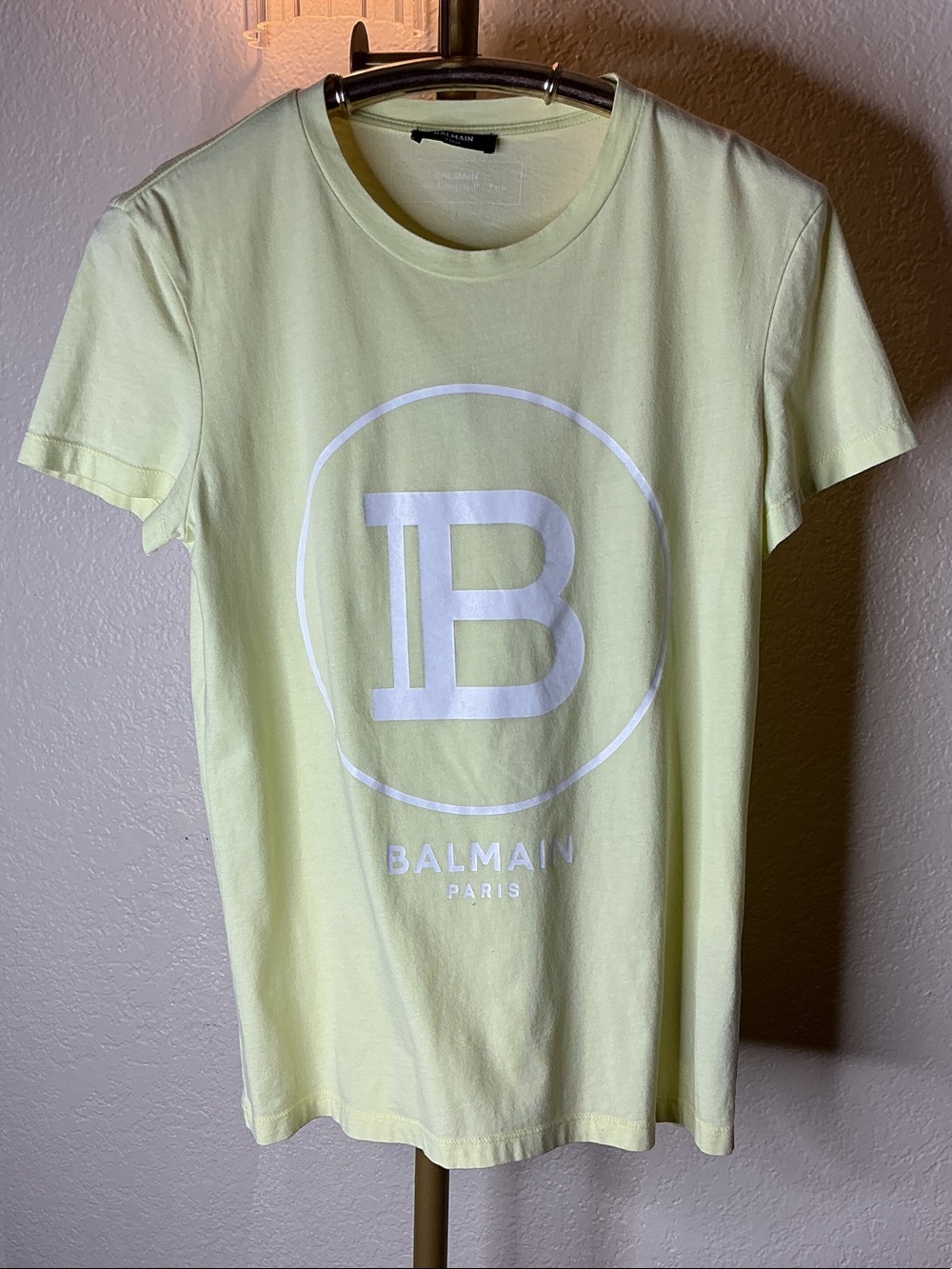 Balmain Pale Yellow Logo T‑Shirt with White Emblem